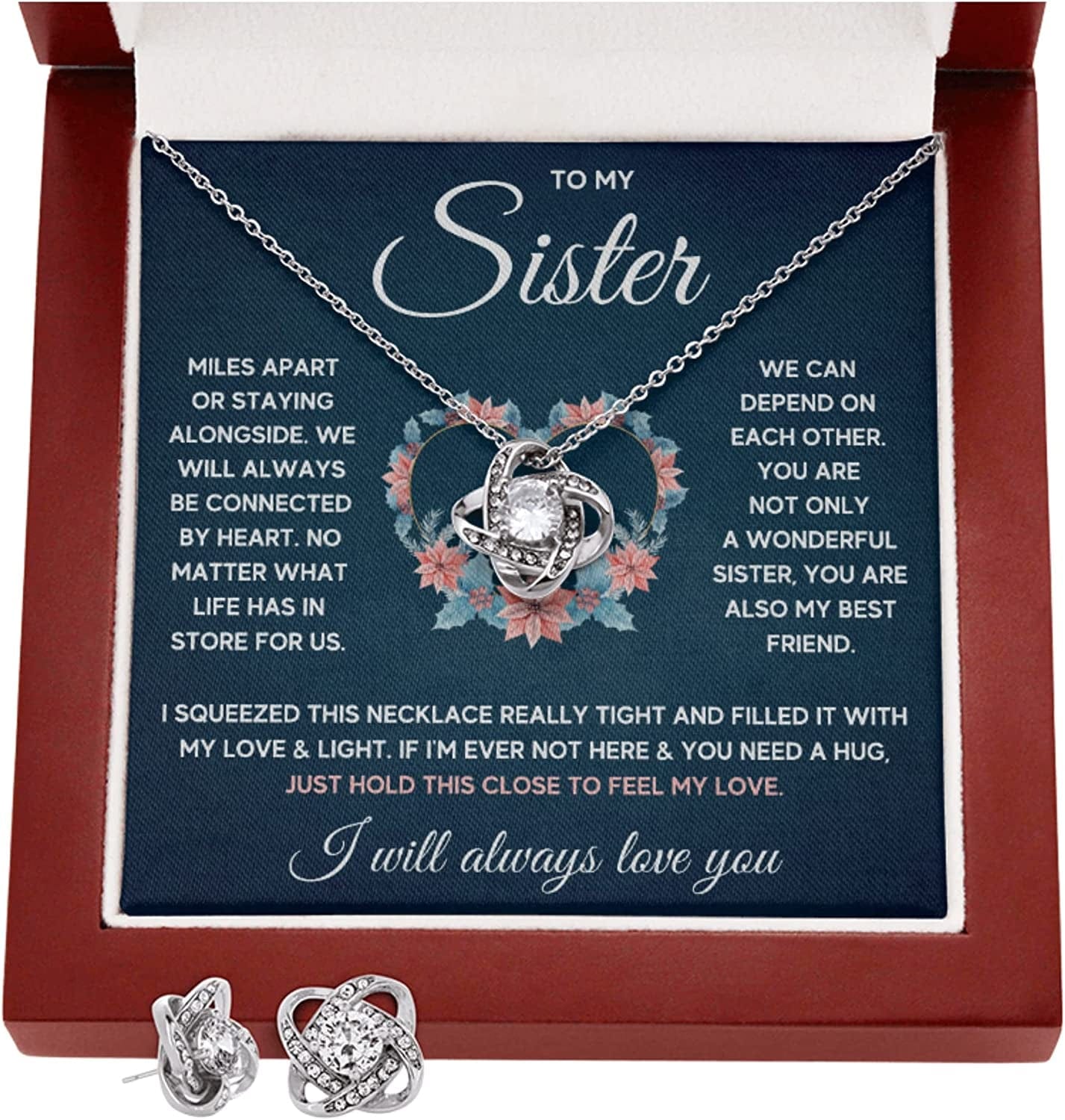 Sisters Gifts from Sister Necklaces for 2 Big Sister and Little Sister Happy Birthday Present for Women Jewelry Best Sister with Message Card and Gift Box Sister Squeezed / LED Knot Earrings Set