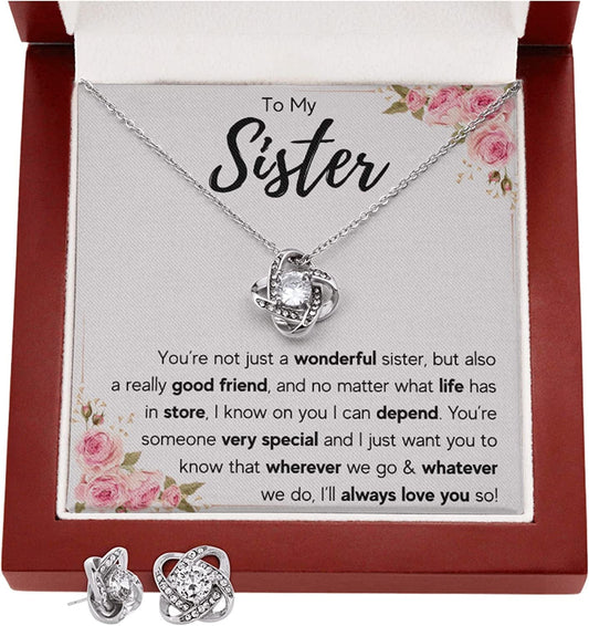 Sisters Gifts from Sister Necklaces for 2 Big Sister and Little Sister Happy Birthday Present for Women Jewelry Best Sister with Message Card and Gift Box Sister Love You So / LED Knot Earrings Set
