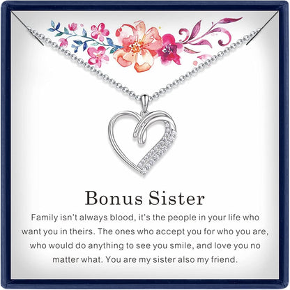 Sisters Gifts from Sister Necklaces Sister in Law/Bonus Sister/Maid of Honor/Niece/Auntie/Friends Gifts for Women Sterling Silver Heart Necklace with Cubic Zirconia Birthday Gifts for Sister Big Sister Rakhi Gift for Sister bonus sister necklace
