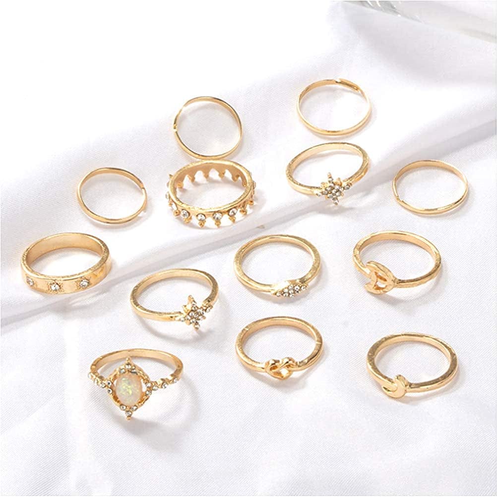 Sither 13 Pcs Women Rings Set Knuckle Rings Gold Bohemian Rings for Girls Vintage Gem Crystal Rings Joint Knot Ring Sets for Teens Party Daily Fesvital Jewelry Gift(Style3)