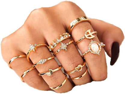 Sither 13 Pcs Women Rings Set Knuckle Rings Gold Bohemian Rings for Girls Vintage Gem Crystal Rings Joint Knot Ring Sets for Teens Party Daily Fesvital Jewelry Gift(Style3)