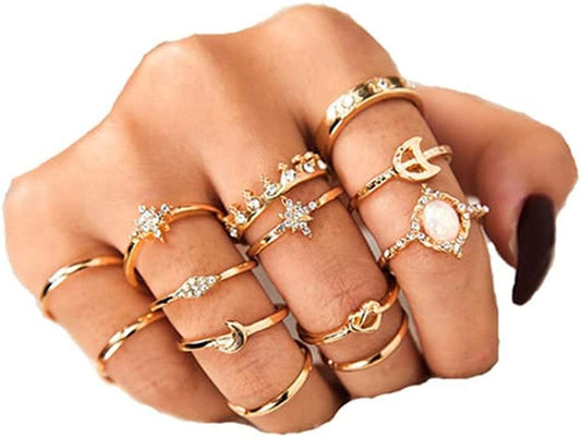Sither 13 Pcs Women Rings Set Knuckle Rings Gold Bohemian Rings for Girls Vintage Gem Crystal Rings Joint Knot Ring Sets for Teens Party Daily Fesvital Jewelry Gift(Style3)