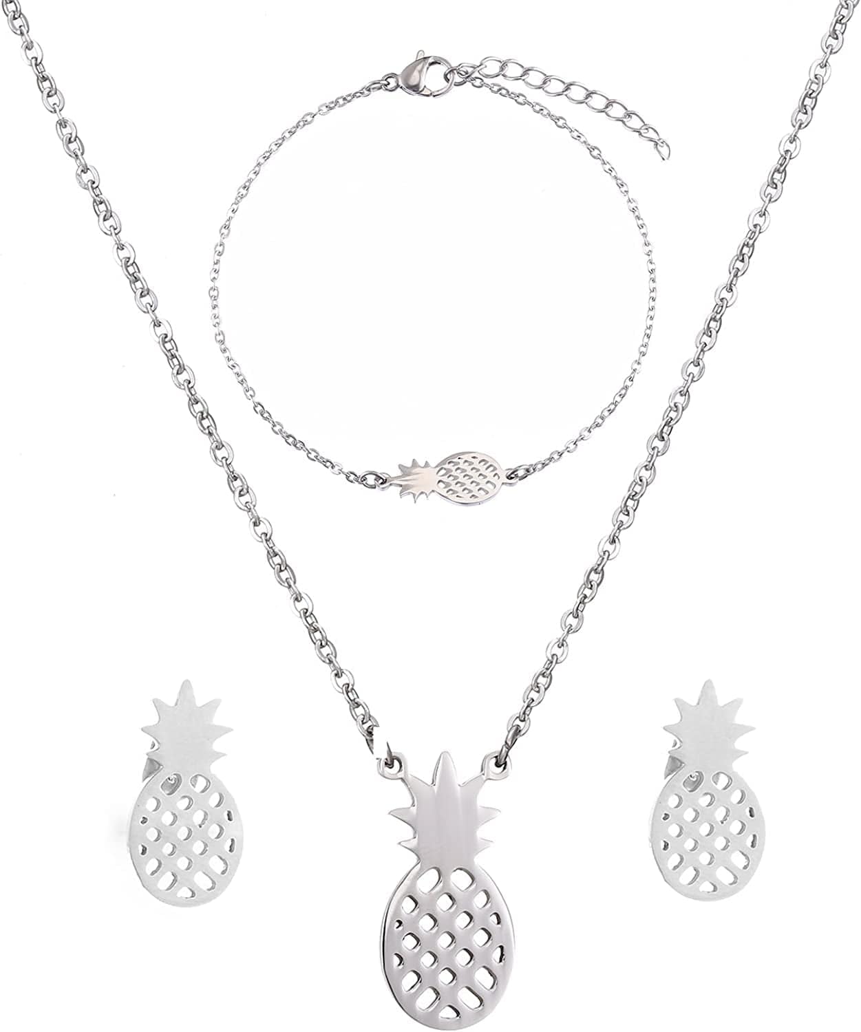 SKQIR Pineapple Necklace,Womens Tiny Handmade Stainless Steel Pineapple Jewelry Sets(Earrings+Bracelets+Necklaces Jewelry Set)