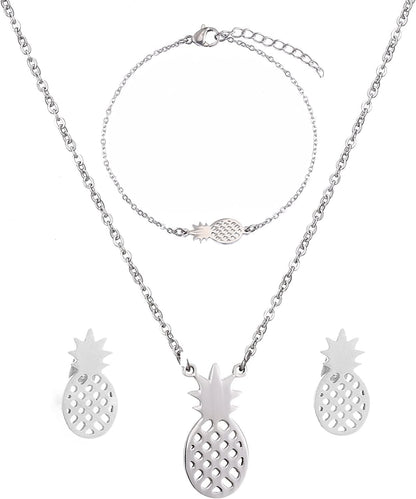 SKQIR Pineapple Necklace,Womens Tiny Handmade Stainless Steel Pineapple Jewelry Sets(Earrings+Bracelets+Necklaces Jewelry Set)