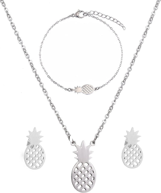 SKQIR Pineapple Necklace,Womens Tiny Handmade Stainless Steel Pineapple Jewelry Sets(Earrings+Bracelets+Necklaces Jewelry Set)