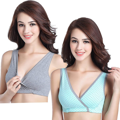Sleep Nursing Bras Maternity Bralette Breastfeeding Cotton Pregnancy Bra Gray/Light Green / Small