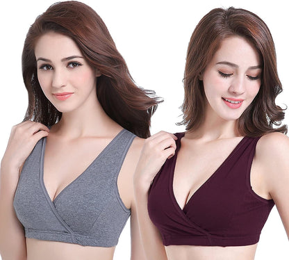 Sleep Nursing Bras Maternity Bralette Breastfeeding Cotton Pregnancy Bra Dark Grey/Burgundy / Large