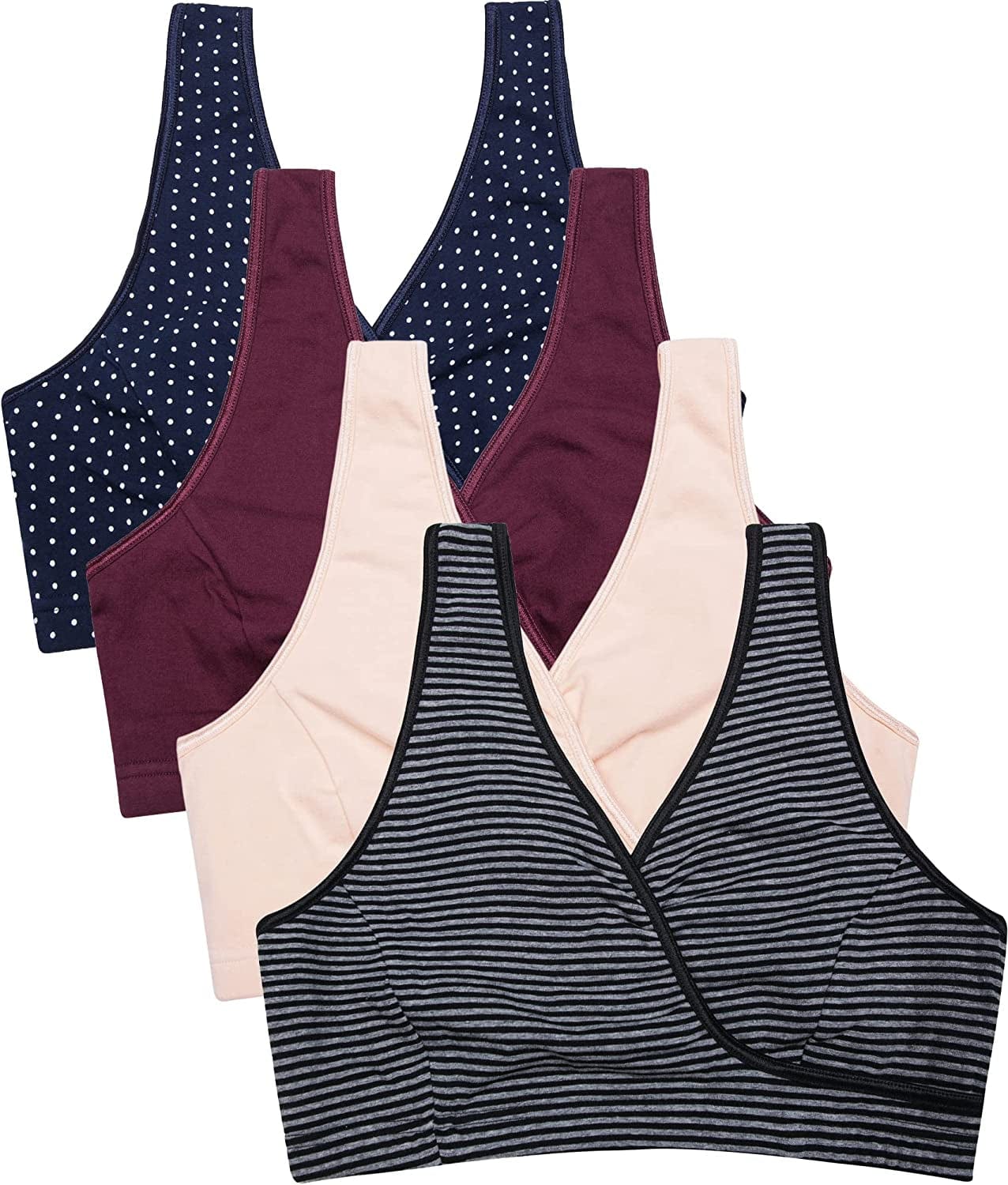 Sleep Nursing Bras Maternity Bralette Breastfeeding Cotton Pregnancy Bra A2-burgundy/Navy Dot/Stripe/Nude-4pcs / Large