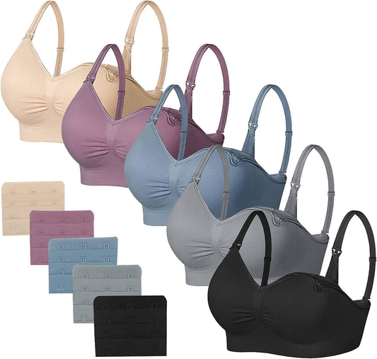 Sleeping Nursing Bras for Breastfeeding Maternity Bras for Pregnancy Seamless Bralette Underwear with Extra Extenders Black+grey+beige+dusty Blue+purplebean / XX-Large