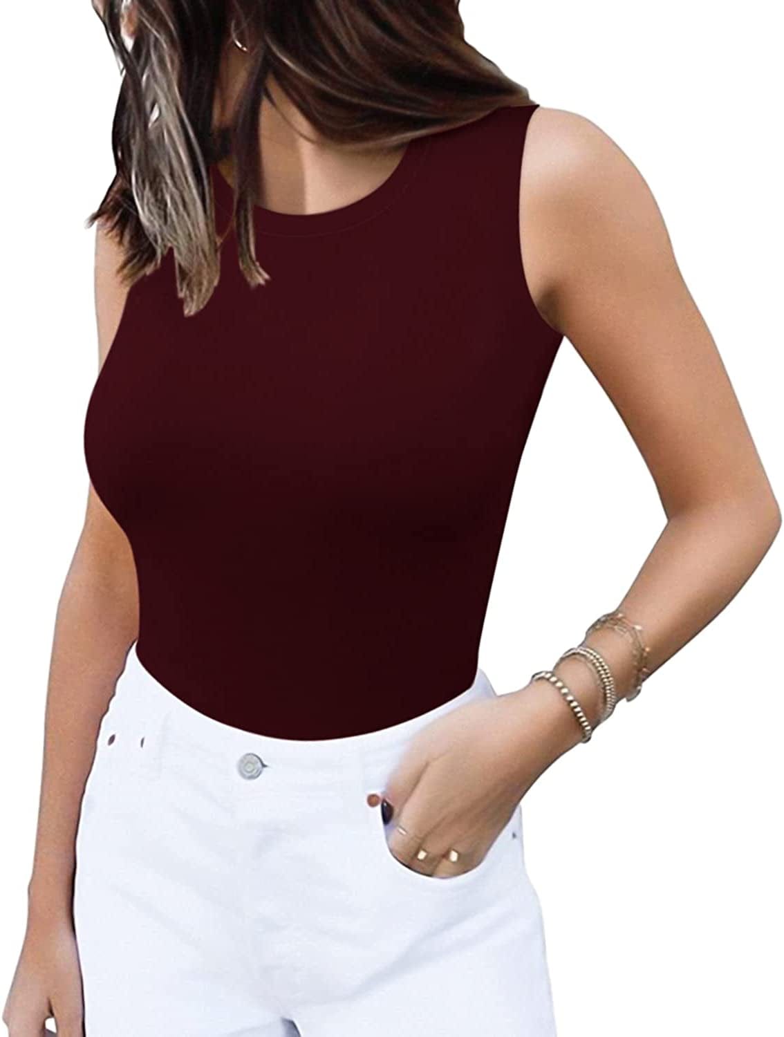 Sleeveless Crew Neck Tank Tops Bodysuit for Women for Going Out Crew Neck Burgundy / XX-Large