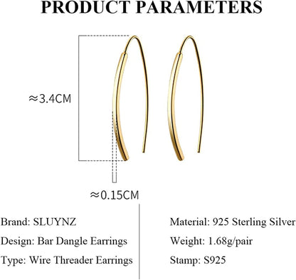 SLUYNZ 925 Sterling Silver Bar Dangle Earrings for Women Teen Girls Wire Threader Earrings Open Hoop Earrings