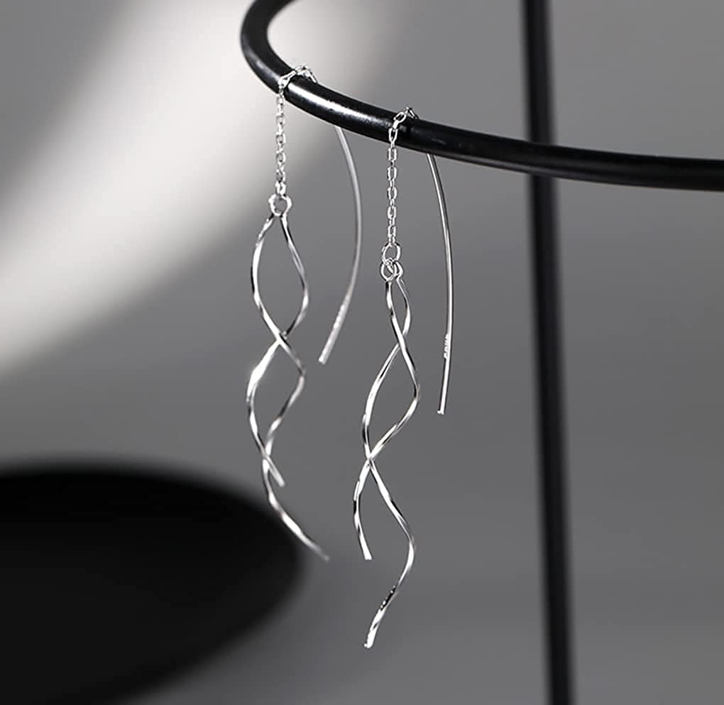 SLUYNZ 925 Sterling Silver Curve Threader Earrings Chain for Women Teen Girls Dangle Wave Earrings Tassel