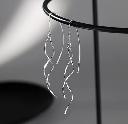SLUYNZ 925 Sterling Silver Curve Threader Earrings Chain for Women Teen Girls Dangle Wave Earrings Tassel