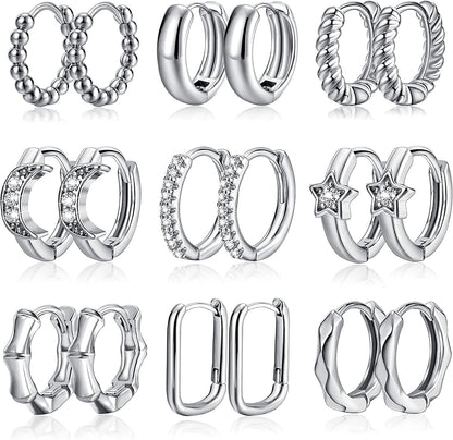 Small Gold Huggie Hoop Earrings Set for Women Girls, Hypoallergenic Twisted Cartilage Hoops, Tiny Silver Hoop Earrings Jewelry for Multiple Piercing E-Silver 9 pairs