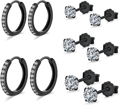 Small Sterling Silver Stud Earrings Set Tiny Cartilage Huggie Hoop Earrings Cubic Zirconia Cuff Earrings Silver Hoop Earrings for Women Men Girls cBlack gold-Cubic Zirconia Studs+Hoop