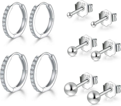 Small Sterling Silver Stud Earrings Set Tiny Cartilage Huggie Hoop Earrings Cubic Zirconia Cuff Earrings Silver Hoop Earrings for Women Men Girls fSilver-Ball Studs+Hoop
