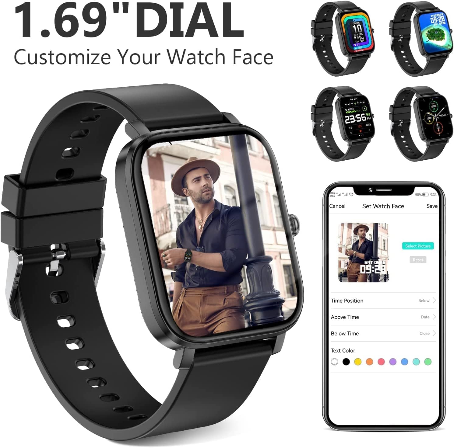 Smart Watch, Fitness Tracker Smartwatch for Android/ Ios Phones, 1.69" Full Touch Screen with Heart Rate Monitor, Step Counter, IP68 Waterproof Smart Watches for Man/ Women