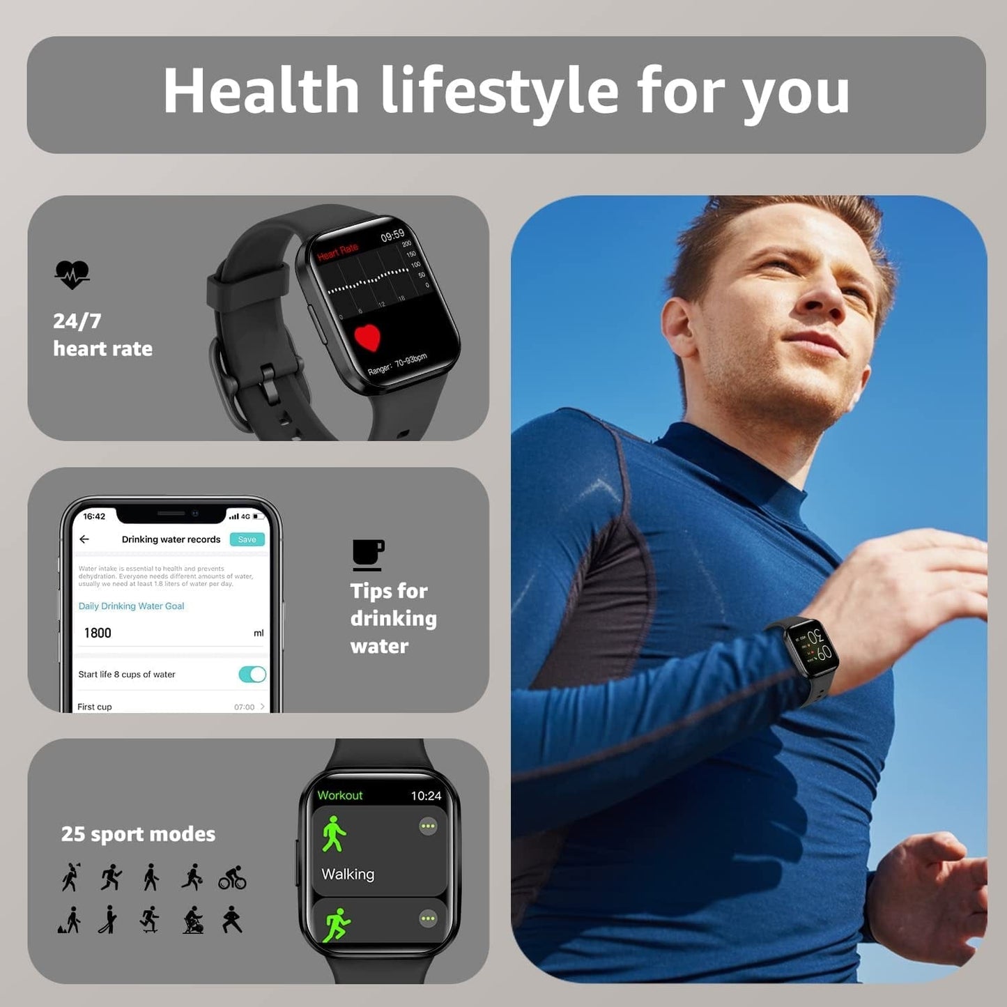 Smart Watch, Fitness Tracker with 24/7 Blood Pressure and Heart Rate Monitors, Fitness Watch with IP68 Waterproof, 1.69" HD Large Screen Smartwatch Compatible with Ios Android