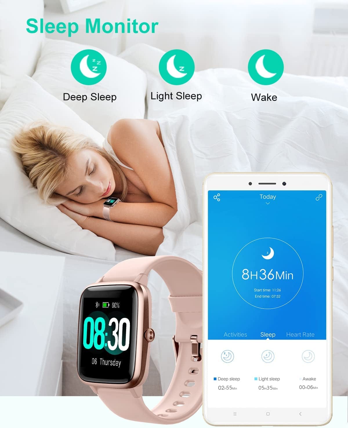 Smart Watch for Ios and Android Phones, Watches for Women IP68 Waterproof Smartwatch Fitness Tracker Watch with Heart Rate/Sleep Monitor Steps Calories Counter (Pink)