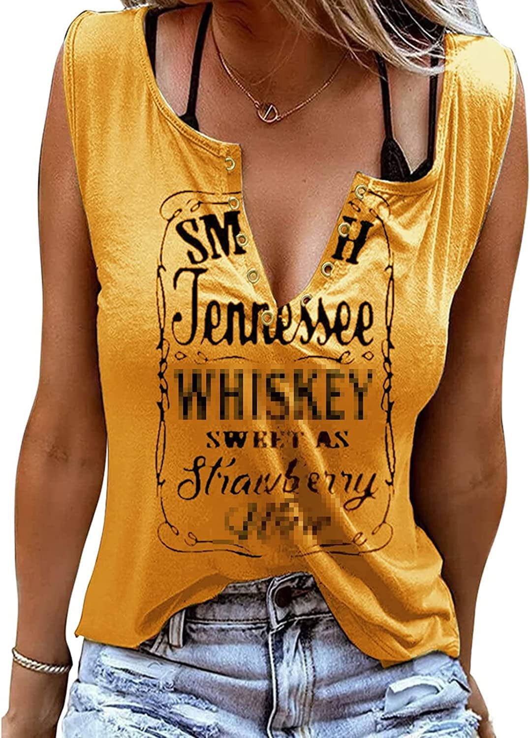Smooth as Tennessee Tank Top Sweet as Strawberry Shirt Ring Hole Sleeveless Sexy V Neck Womens Retro Country Music Top Yellow / XX-Large