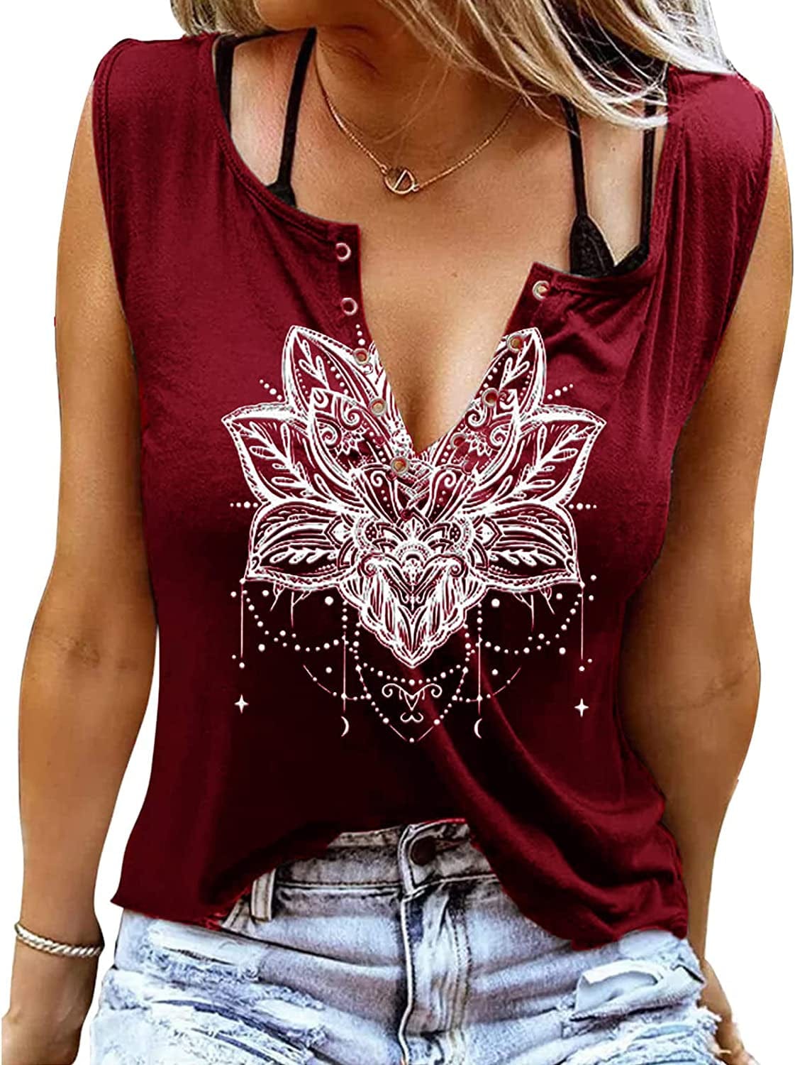 Smooth as Tennessee Tank Top Sweet as Strawberry Shirt Ring Hole Sleeveless Sexy V Neck Womens Retro Country Music Top Wine Red Mandala / X-Large