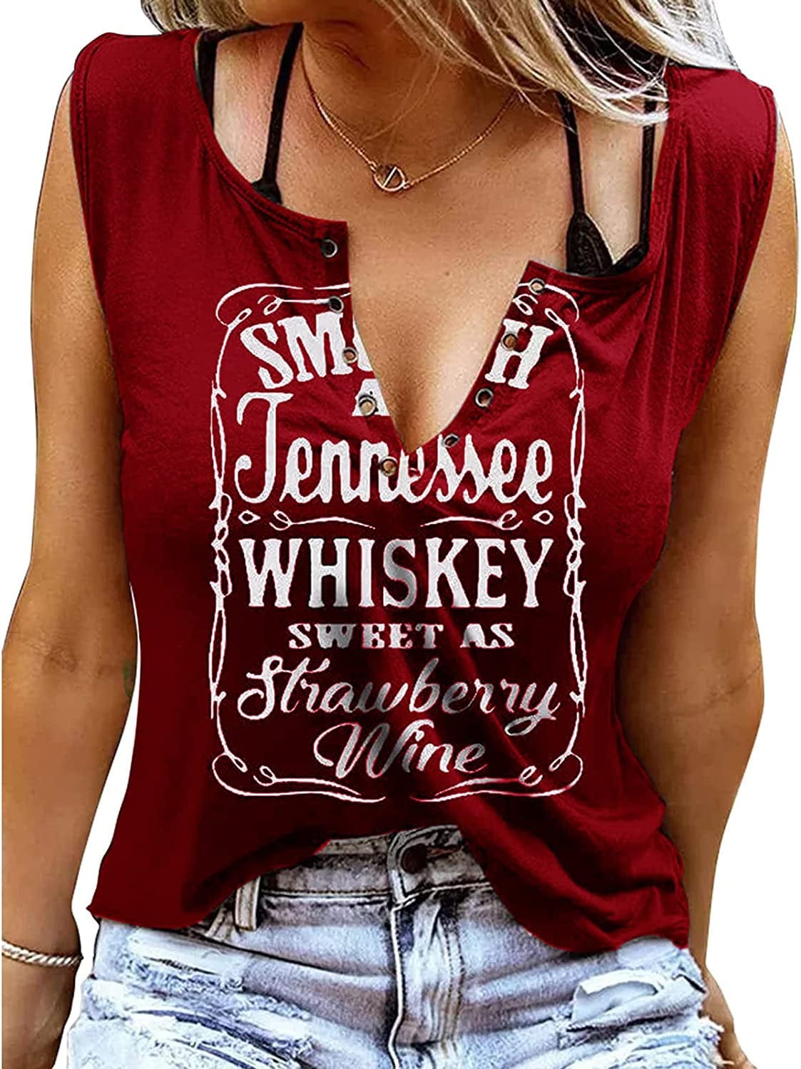 Smooth as Tennessee Tank Top Sweet as Strawberry Shirt Ring Hole Sleeveless Sexy V Neck Womens Retro Country Music Top Red / XX-Large