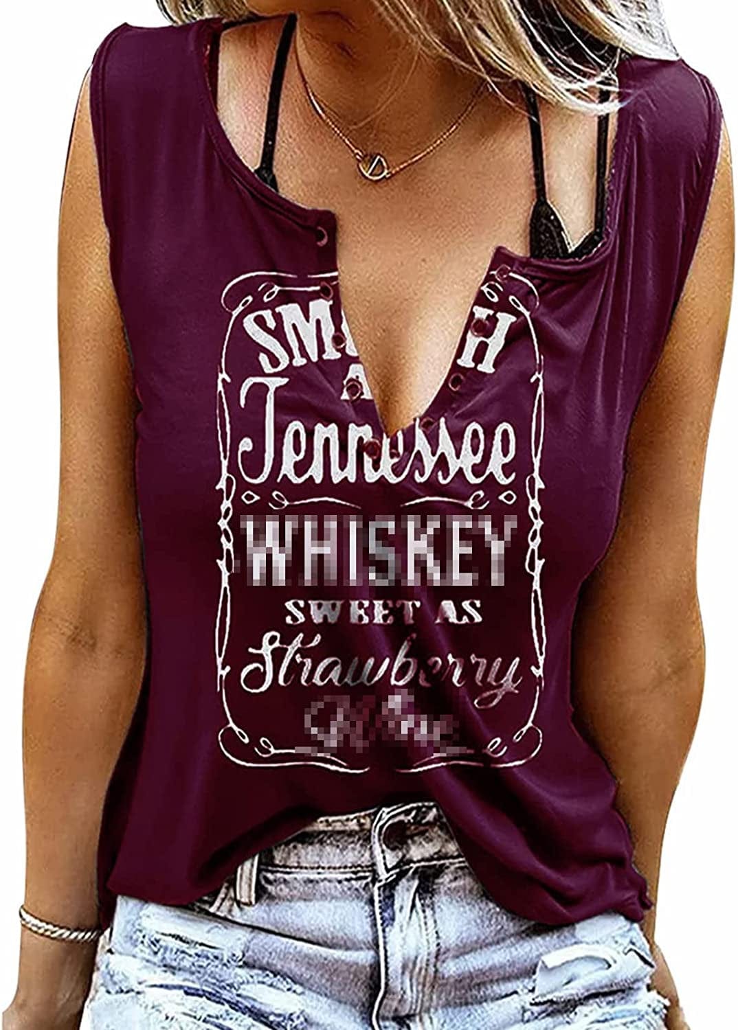 Smooth as Tennessee Tank Top Sweet as Strawberry Shirt Ring Hole Sleeveless Sexy V Neck Womens Retro Country Music Top Wine Red / XX-Large