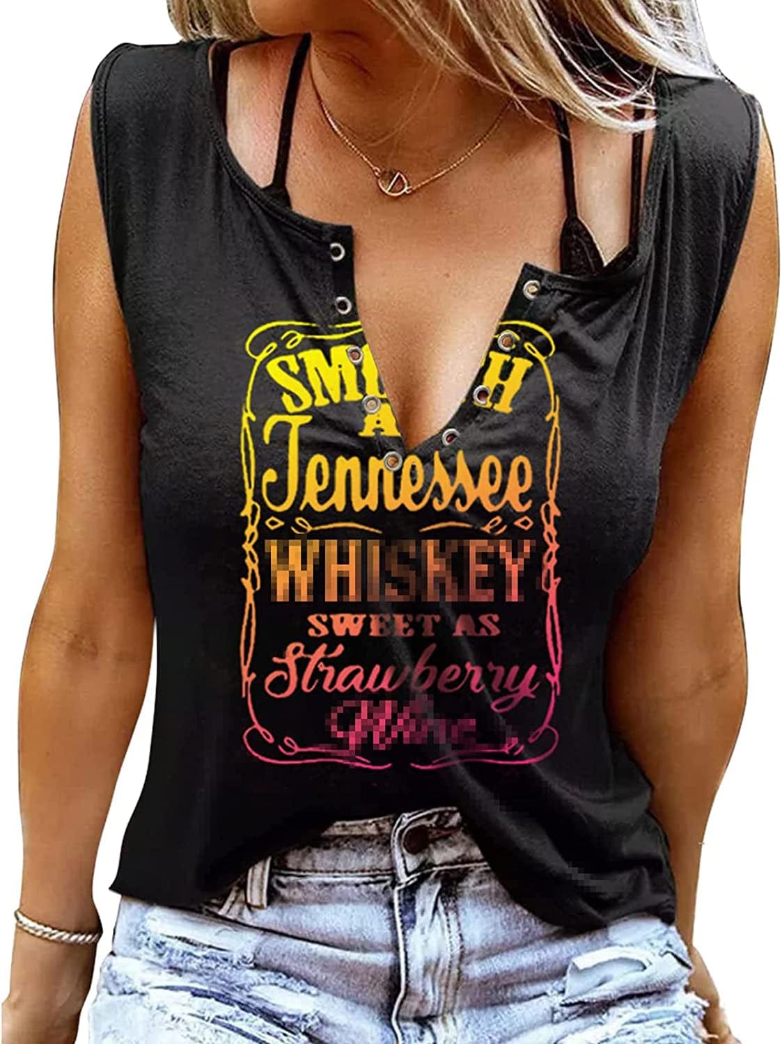 Smooth as Tennessee Tank Top Sweet as Strawberry Shirt Ring Hole Sleeveless Sexy V Neck Womens Retro Country Music Top Multicolor / XX-Large