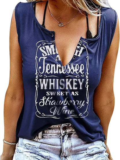 Smooth as Tennessee Tank Top Sweet as Strawberry Shirt Ring Hole Sleeveless Sexy V Neck Womens Retro Country Music Top Navy Blue / XX-Large