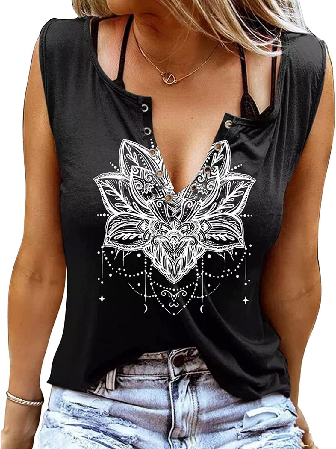 Smooth as Tennessee Tank Top Sweet as Strawberry Shirt Ring Hole Sleeveless Sexy V Neck Womens Retro Country Music Top Black Mandala / X-Large