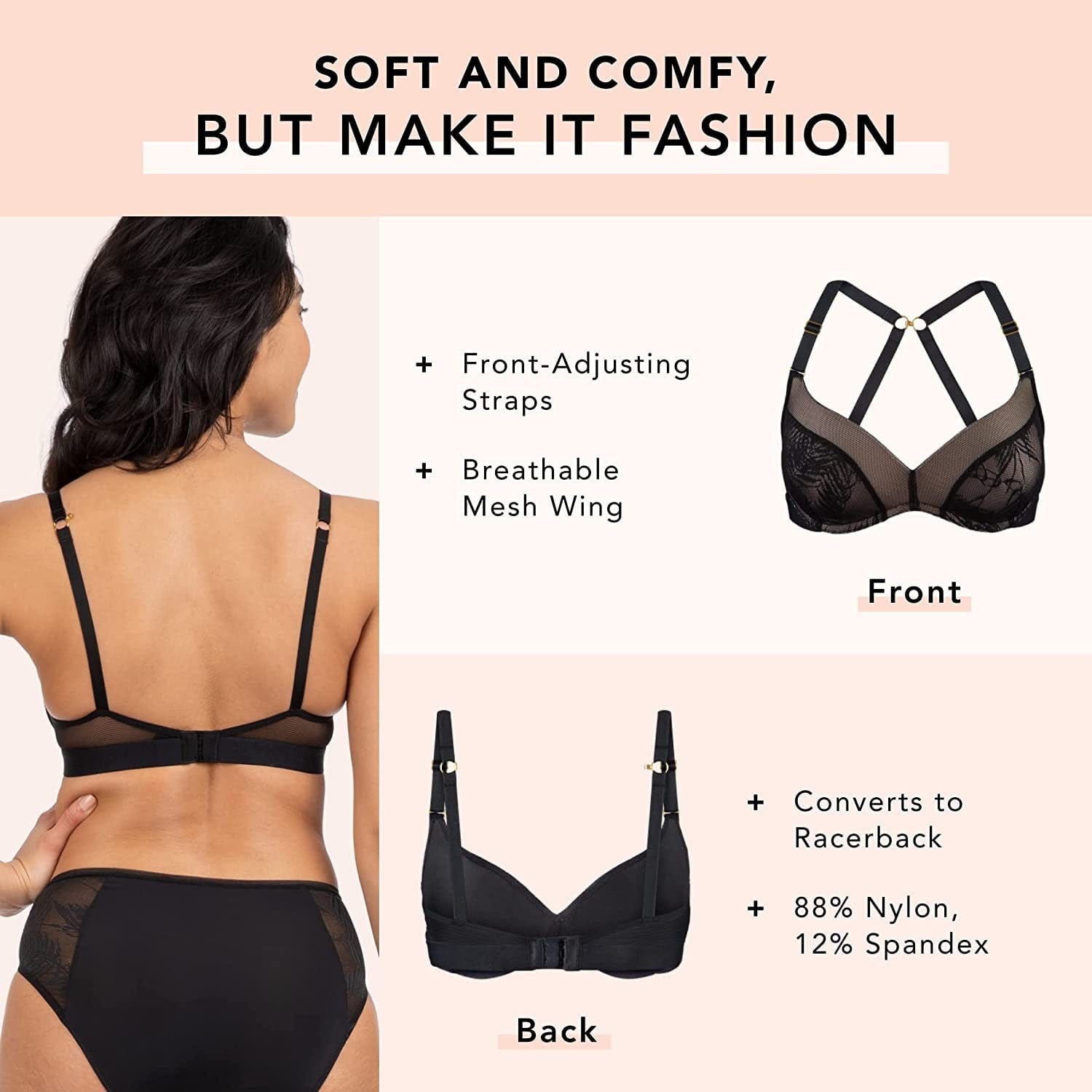 Smooth Lace No-Wire Push-Up Bra, Push up Bras for Women, Wireless Bra Converts to Racerback Bra, Everyday Bras