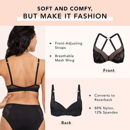 Smooth Lace No-Wire Push-Up Bra, Push up Bras for Women, Wireless Bra Converts to Racerback Bra, Everyday Bras