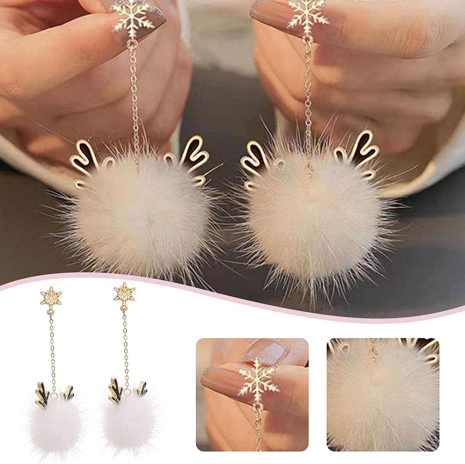 Snowflake Antler Hair Ball Earrings,Christmas Earrings with Snowflakes Reindeer,Xmas Holiday Jewelry,Autumn and Winter Ear Jewelry