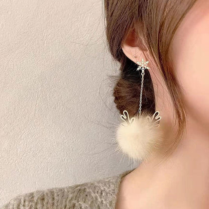 Snowflake Antler Hair Ball Earrings,Christmas Earrings with Snowflakes Reindeer,Xmas Holiday Jewelry,Autumn and Winter Ear Jewelry