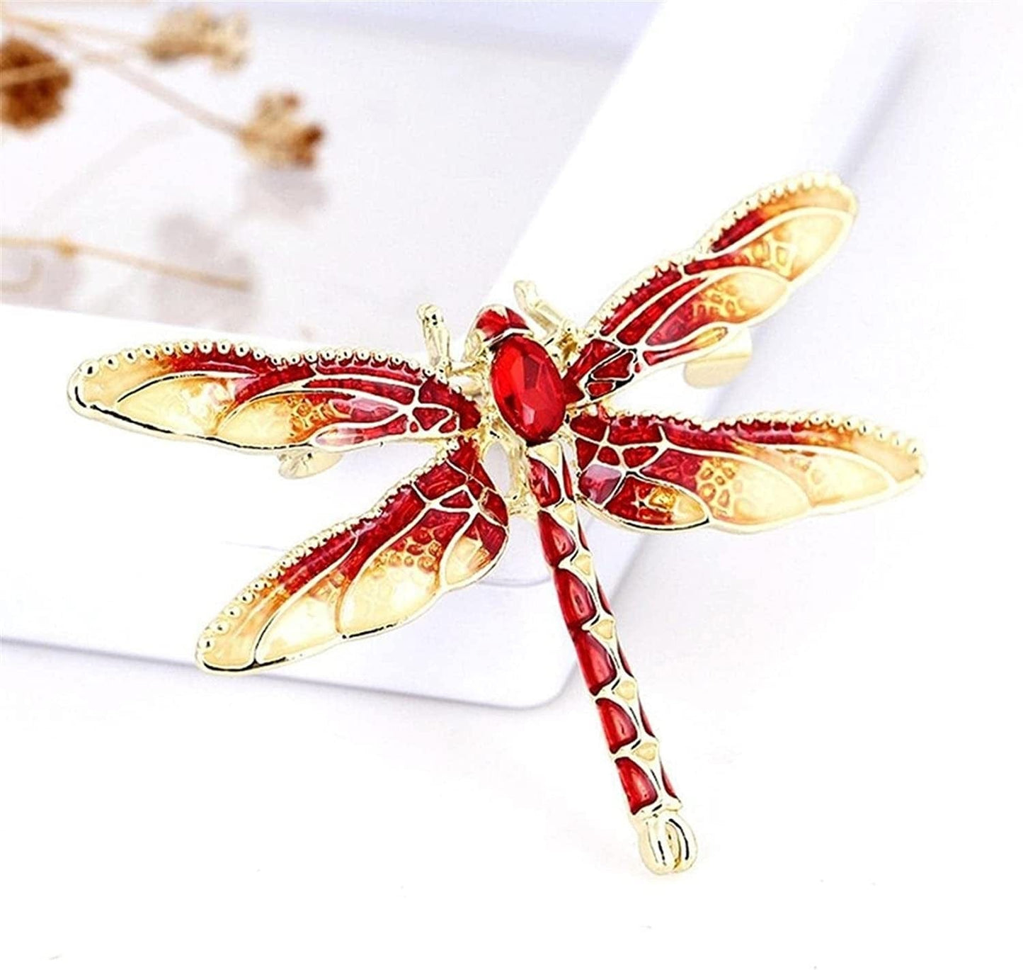 Sollarisy Dragonfly Brooch Pin Enamel Lapel Pin Simulated Crystal Rhinestones Brooch Pin Animal Pin Badge for Women Girls Gift,Red, 4.8*3.4Cm