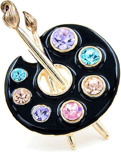 Sollarisy Painter Palette Brooch Pin Faux Enamel Crystal Rhinestone Lapel Pin Paint Brush Brooch for Men Women Artist,White, 3.4*4.5Cm Black