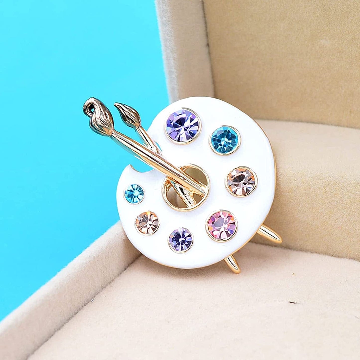 Sollarisy Painter Palette Brooch Pin Faux Enamel Crystal Rhinestone Lapel Pin Paint Brush Brooch for Men Women Artist,White, 3.4*4.5Cm