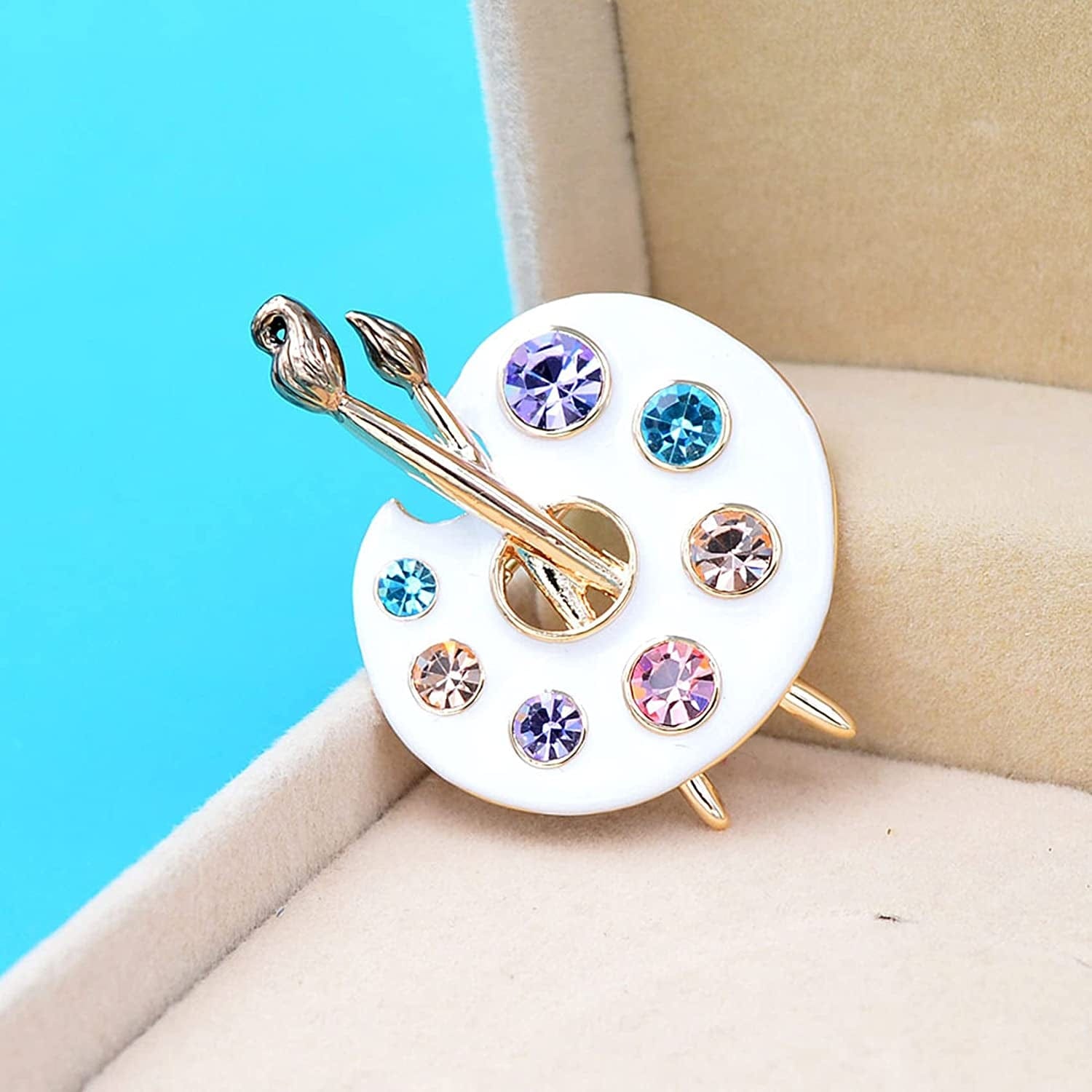 Sollarisy Painter Palette Brooch Pin Faux Enamel Crystal Rhinestone Lapel Pin Paint Brush Brooch for Men Women Artist,White, 3.4*4.5Cm