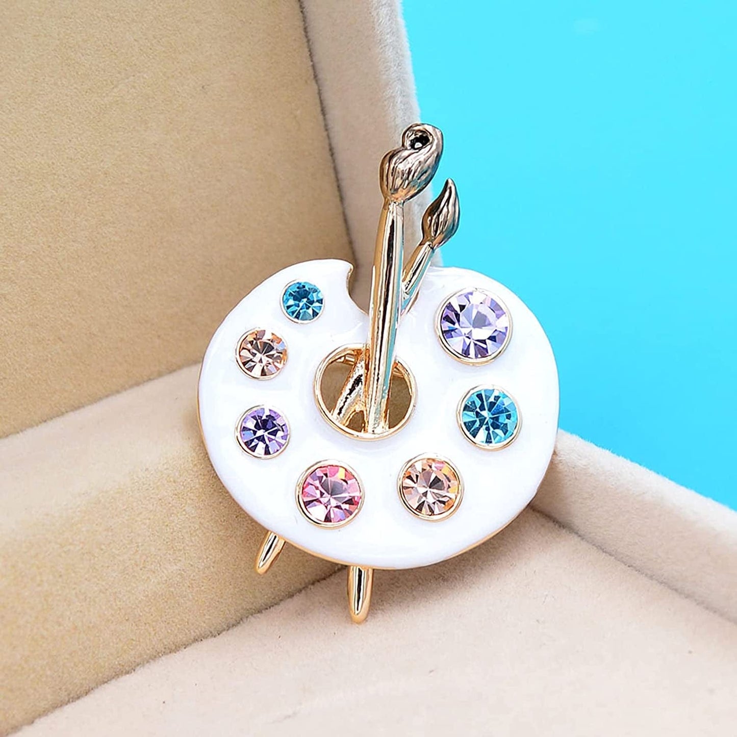 Sollarisy Painter Palette Brooch Pin Faux Enamel Crystal Rhinestone Lapel Pin Paint Brush Brooch for Men Women Artist,White, 3.4*4.5Cm