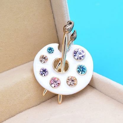 Sollarisy Painter Palette Brooch Pin Faux Enamel Crystal Rhinestone Lapel Pin Paint Brush Brooch for Men Women Artist,White, 3.4*4.5Cm