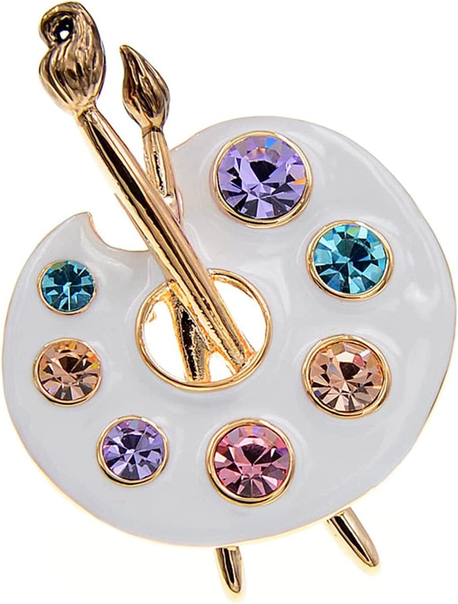 Sollarisy Painter Palette Brooch Pin Faux Enamel Crystal Rhinestone Lapel Pin Paint Brush Brooch for Men Women Artist,White, 3.4*4.5Cm White