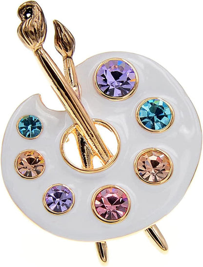 Sollarisy Painter Palette Brooch Pin Faux Enamel Crystal Rhinestone Lapel Pin Paint Brush Brooch for Men Women Artist,White, 3.4*4.5Cm White