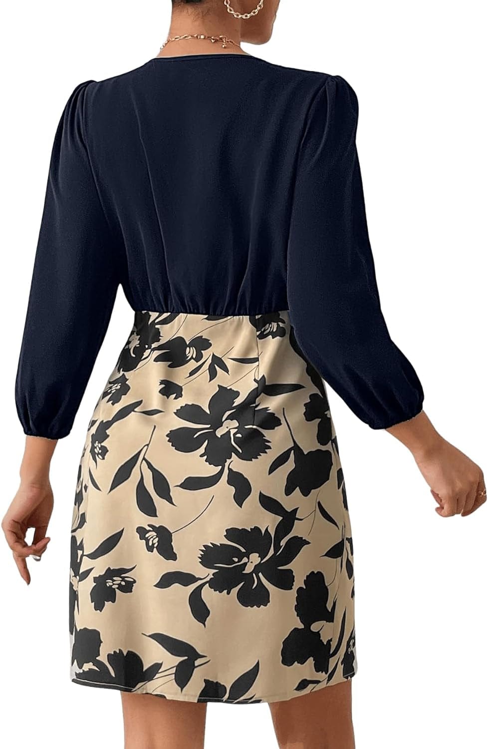 SOLY HUX Women'S Floral Print V Neck Wrap Bishop Sleeve Mini Dress Elegant Dresses