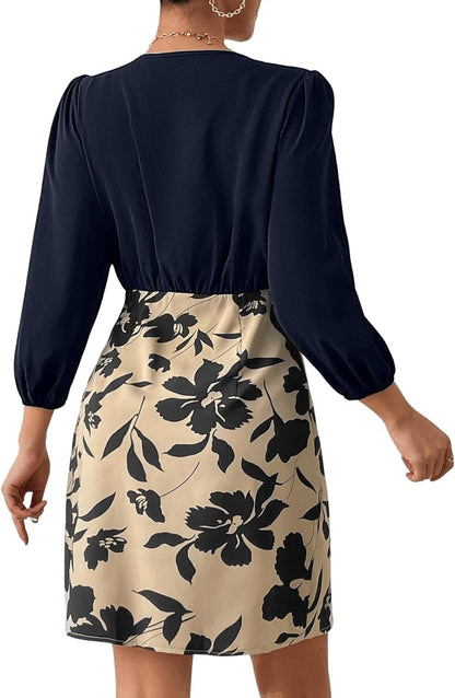 SOLY HUX Women'S Floral Print V Neck Wrap Bishop Sleeve Mini Dress Elegant Dresses