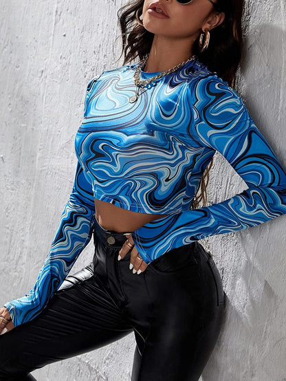 SOLY HUX Women'S Marble Print Tops T Shirts Slim Fitted Long Sleeve Tee Crop Top