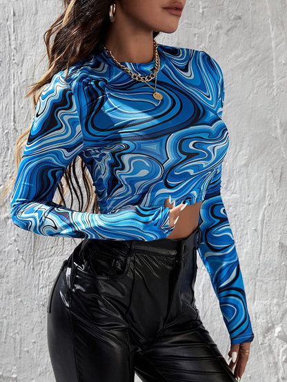 SOLY HUX Women'S Marble Print Tops T Shirts Slim Fitted Long Sleeve Tee Crop Top
