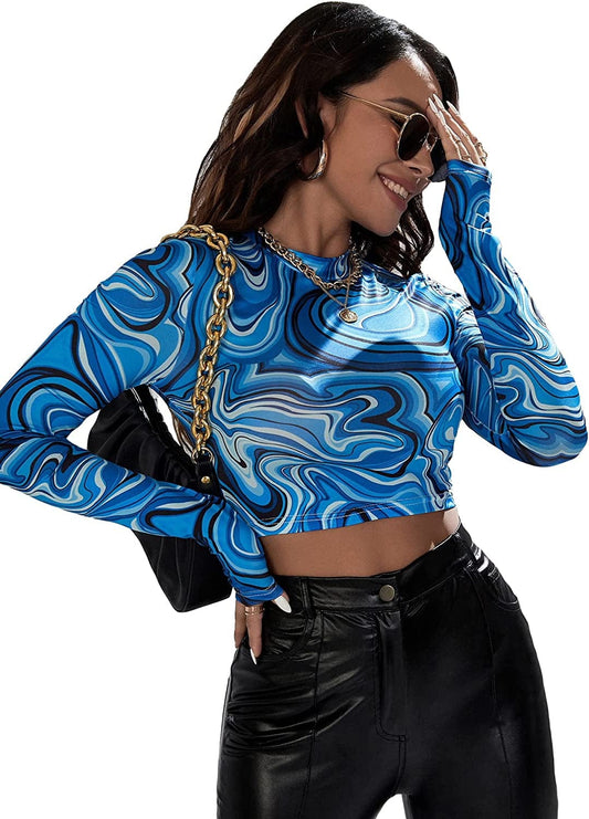 SOLY HUX Women'S Marble Print Tops T Shirts Slim Fitted Long Sleeve Tee Crop Top Blue Marble Print / Small