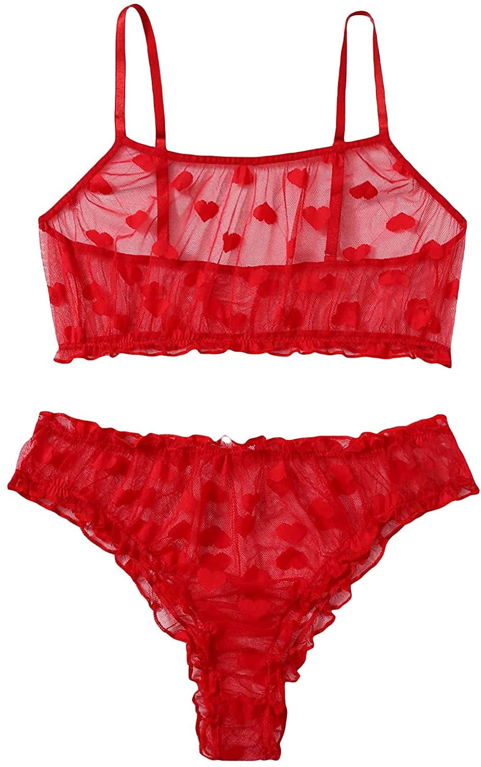 SOLY HUX Women'S Mesh Sheer See through Lingerie Set Sexy Lace Bra and Panty 2 Piece Pure Red / 3X-Large Plus