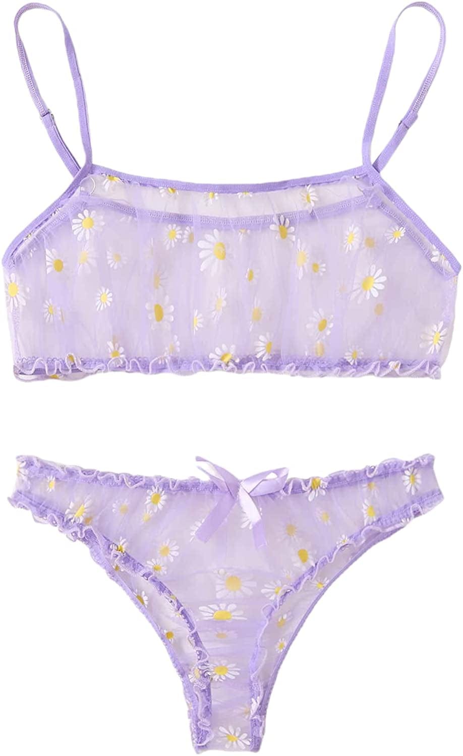 SOLY HUX Women'S Mesh Sheer See through Lingerie Set Sexy Lace Bra and Panty 2 Piece Purple / Small