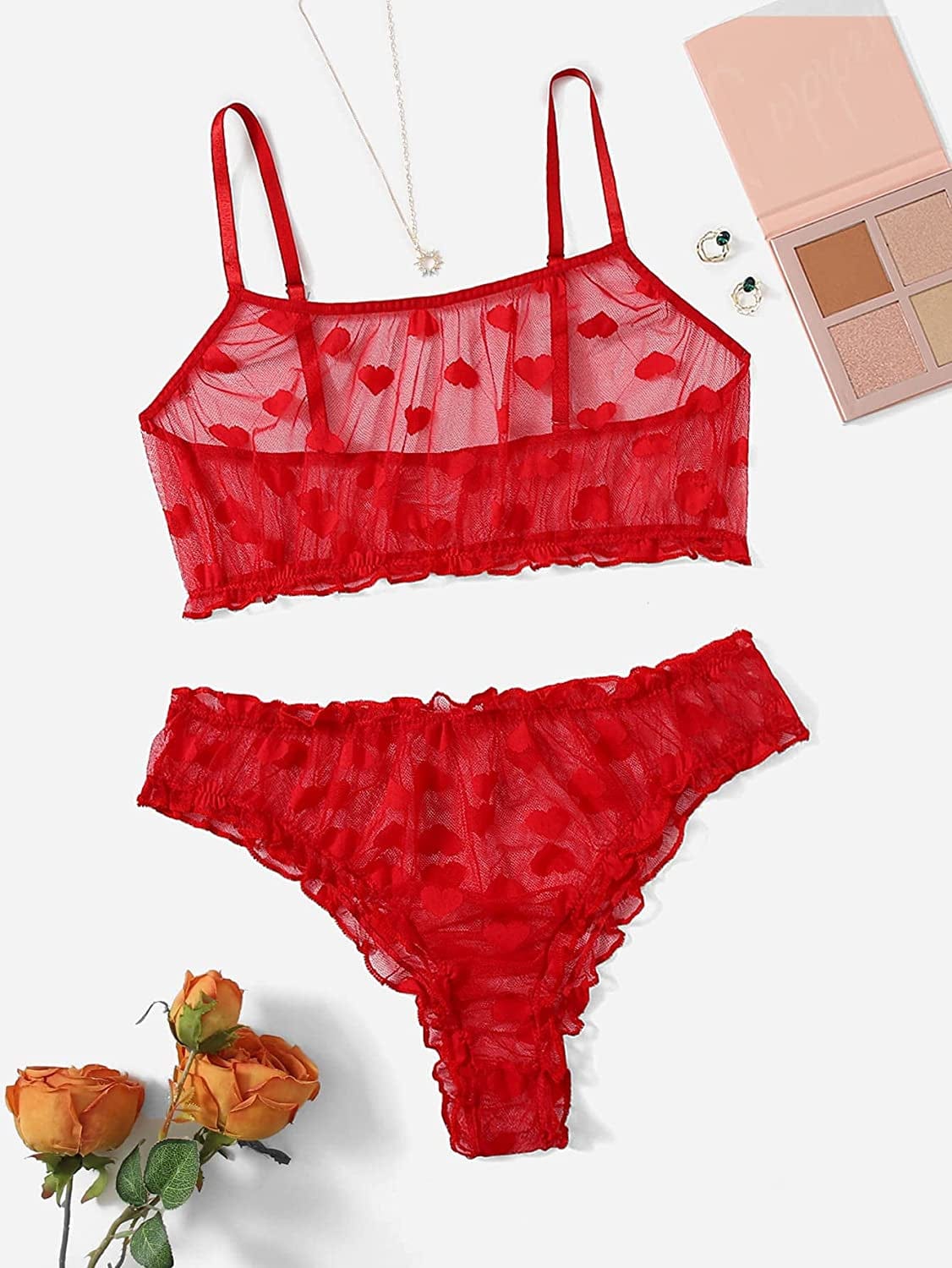 SOLY HUX Women'S Mesh Sheer See through Lingerie Set Sexy Lace Bra and Panty 2 Piece